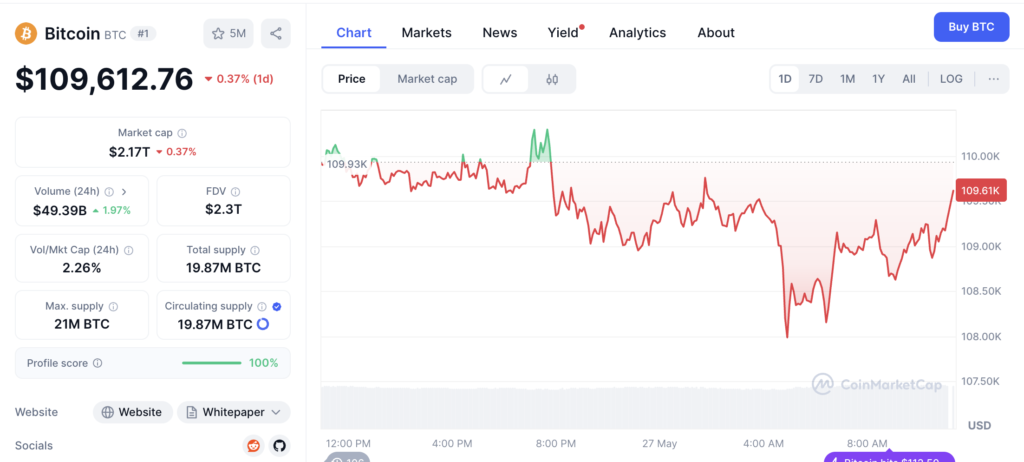 نمودار قیمت و اطلاعات بازار بیت کوین - منبع: CoinMarketCap